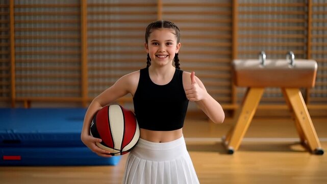 Happy Caucasian girl holding a basketball and showing thumbs up in a bright school gymnasium, symbolizing youth sports success