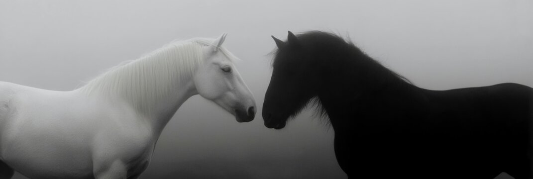 Black and white horses connecting in a minimalist concept. Two horses, one white and one black, facing each other on a misty light background