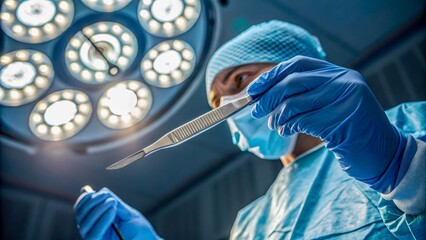 A male surgeon in scrubs holds a scalpel under bright surgical lights. He wears a blue surgical mask and gloves, focused on the task at hand.