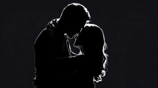 Silhouette of a couple embracing in a dark setting. The scene captures a moment of intimacy and connection between two people.