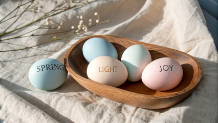 Colorful Easter eggs in a wooden bowl on a light fabric background. The eggs are pastel shades with words like 'Spring', 'Light', and 'Joy' written on them.