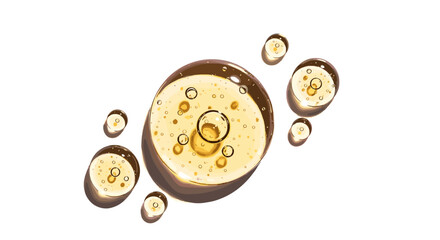 A close-up overhead view of a cup of coffee surrounded by coffee beans on a transparent background