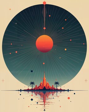 Retro-Futuristic Pseudo-Scientific Diagram of Sun over Temple Island with Palms