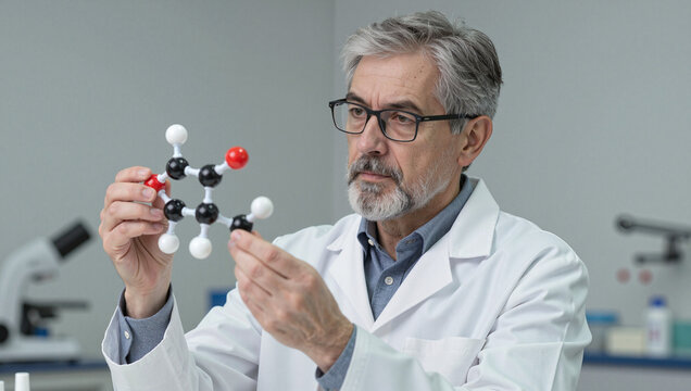 Senior male scientist holding molecular model in lab - Powered by Adobe