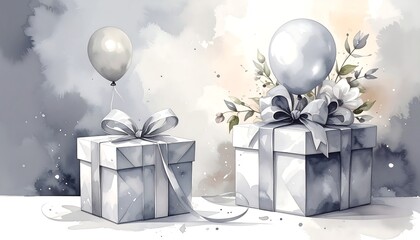 Elegant Silver Birthday Celebration with Gifts and Balloons.