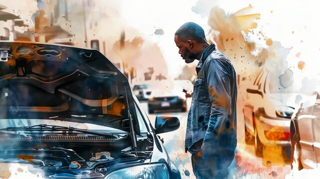 Video Man working under the hood of his car on the roadside, possibly having car troubles