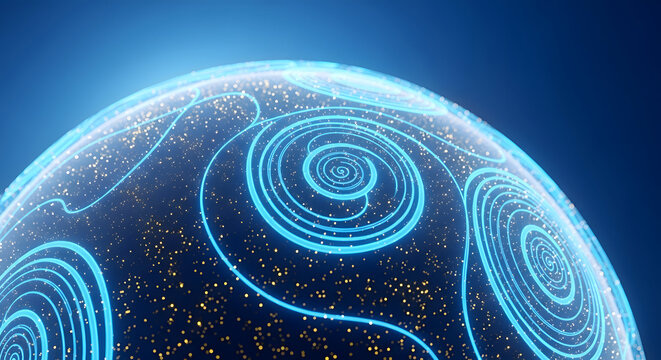 Glowing blue planet with swirling neon light patterns in space futuristic digital illustration