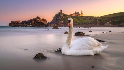 Elegant Swan Resting on a Sandy Beach at Sunset.