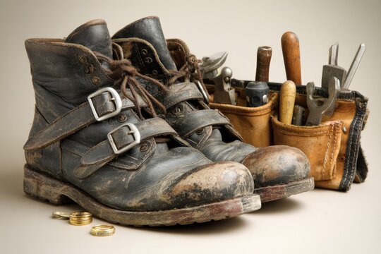 Work boots and tools close up showcasing construction repair and craftsmanship - Powered by Adobe