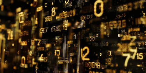 Numerous glowing digits float across a dark digital data stream background