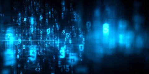 Digital numerical stream flows against a dark background with bright blue illumination