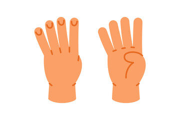 Obraz premium Hand showing number 4 with four fingers. Flat cartoon gesture vector for kids number learning and preschool education