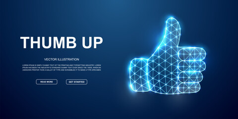 Digital thumbs up hand in glowing wireframe polygon mesh. Futuristic design for approval, like, or feedback concepts