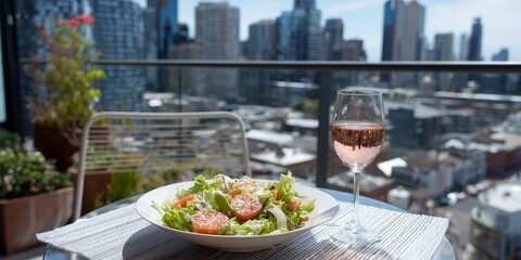 Naklejka premium Light lunch on sunlit balcony table: salad and glass of rose, distant city skyline softened by spring haze. A moment of quiet refreshment with urban charm.