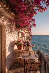 Naklejka premium Mediterranean balcony with whitewashed walls and blooming bougainvillea overlooks the sea, table set with two wine glasses. Romantic coastal view at golden hour, peaceful and sunlit.