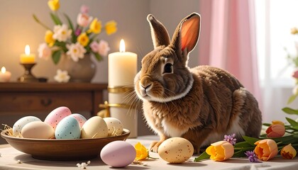 Easter Bunny and Eggs with Tulips and Candles.