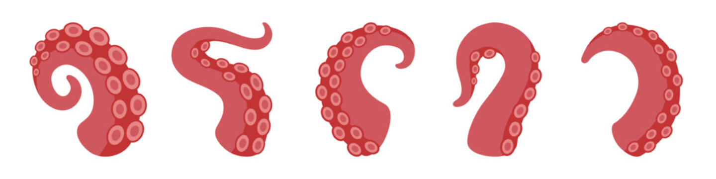 Cartoon squid tentacles with suction cups. Curled octopus arms set for marine monster, nautical fantasy and underwater illustration themes