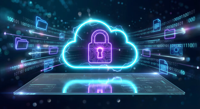 secure cloud computing concept with glowing neon padlock inside cloud icon on digital tablet for data protection server privacy storage safety and network cybersecurity