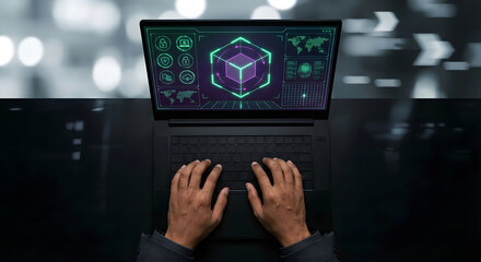 top view of hands typing on laptop computer keyboard with futuristic cybersecurity interface glowing on screen featuring blockchain technology data protection and server map