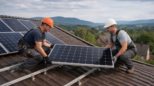 Workers installing solar panels on a house roof