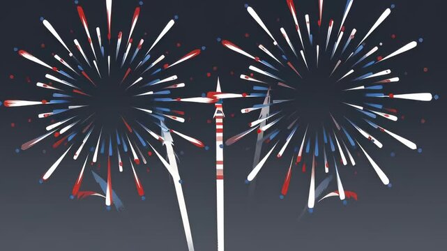 Patriotic red white and blue fireworks rockets launching and bursting in a seamless animation, illustrating a festive independence day celebration background concept.