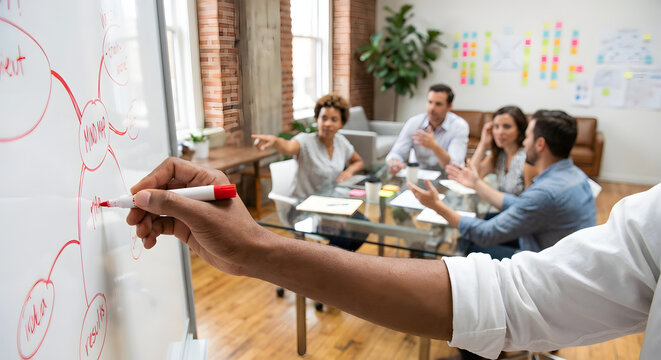 diverse business team collaborating in creative office workspace while person draws mind map on whiteboard for startup strategy planning and collective brainstorming session