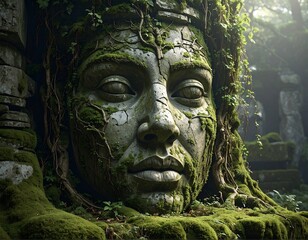 Ancient Stone Face Covered in Moss in a Lush Forest.