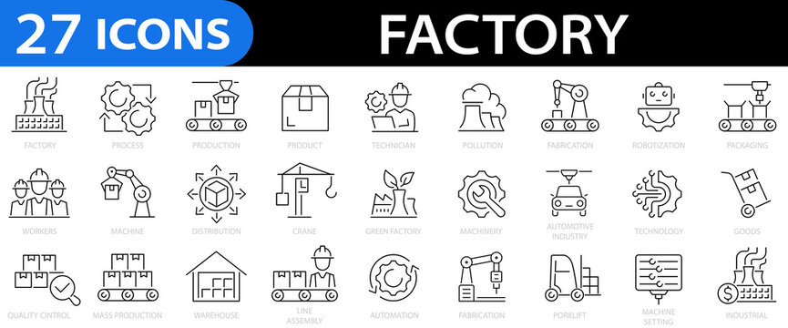 Factory 27 icon set. Production, machine, industry, warehouse, distribution, packaging, automation, product and more. Editable stroke. Vector illustration