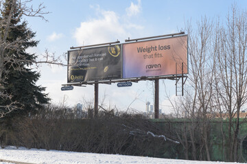 Naklejka premium roadside billboards for Betty (online gambling) and Raven (a weight-loss lifestyle program), off Lake Shore Blvd E, Toronto