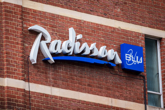 LONDON, UK. 16th  February 2025. Radisson Blu logo. Radisson Blu is an international hotel brand owned by Choice Hotels in the Americas and by Radisson Hotel Group in the rest of the world