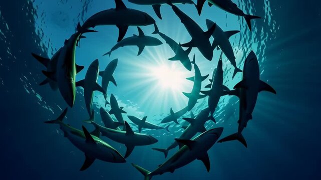 Silhouettes of sharks swimming in a circular vortex underwater against bright sunrays and deep blue ocean, illustrating danger and predatory nature concepts in a cinematic animation.