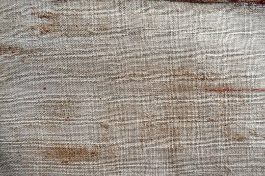 Coarse woven textile displays natural fibers and subtle discoloration marks