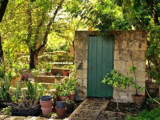 Naklejka premium Rustic stone garden shed with green wooden door, sunlit steps, and numerous potted plants and trees. The tranquil scene captures a lush outdoor environment with strong sun and shadows, perfect for nat