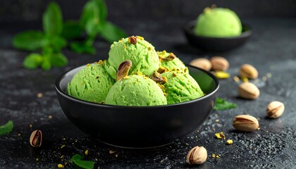 Delicious pistachio ice cream scoops in a black bowl.