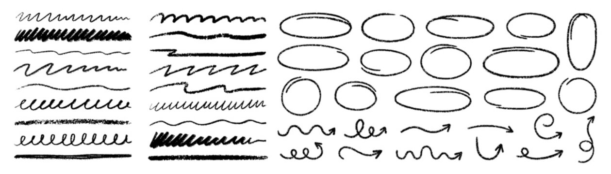 Crayon lines, scribble charcoal highlight strokes and freehand ovals doodle set. Hand drawn pencil underlines, arrows, ellipse frames. Kids chalk strips and brush line in sketch style.