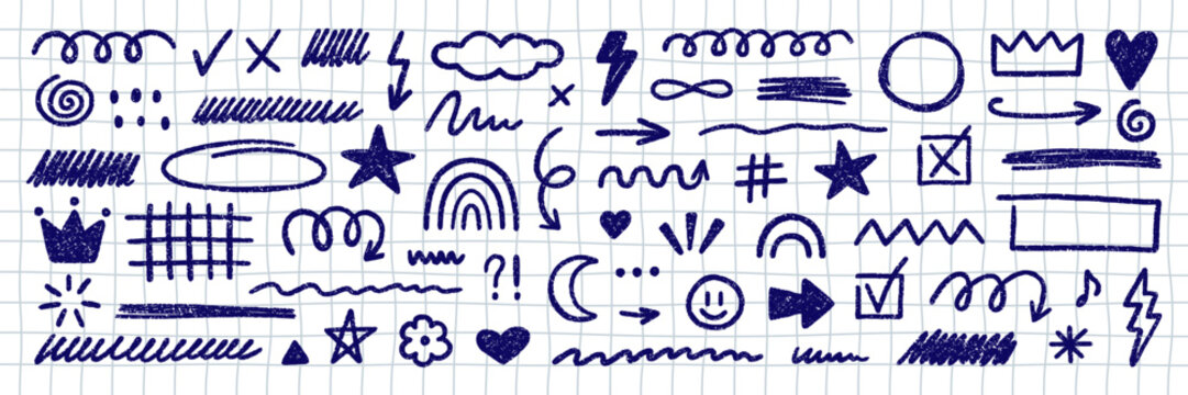 Chalk kids scribble elements, crayon blue pen shapes doodle set. Pencil underlines, check marks, arrows and stars in sketch style. Hand drawn illustration on white checkered notebook paper background