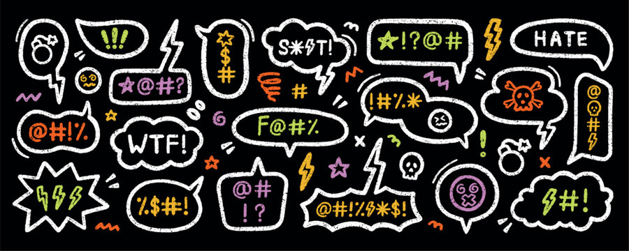 Comic crayon speech bubble with swear word and hate doodle. Hand drawn chalk grumpy text balloon with curse or insult in sketch style. Pencil rude profanity censorship in scribble talk cloud