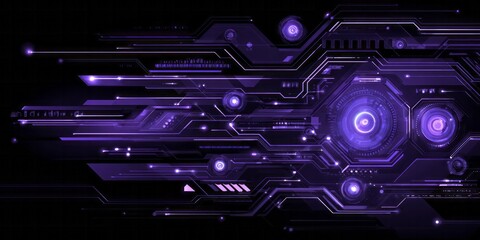 Glowing purple electronic circuit board design illustrates complex digital technology