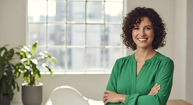Confident businesswoman standing in office with arms crossed smiling at camera green blouse indoor setting with plants and window