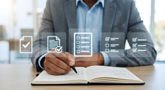 businessman writing in notebook with digital checklist icons overlay for project management task planning productivity efficiency corporate organization and business data processing - Powered by Adobe