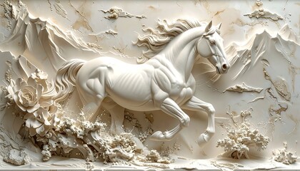 Majestic White Horse Sculpture Galloping Through Mountainous Terrain.