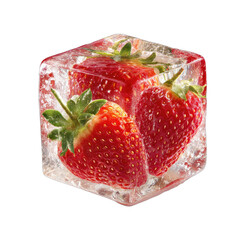 Fresh strawberries encased in a clear ice cube, isolated on black