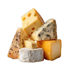 Assortment of cheese pieces, some with holes, some with blue veins