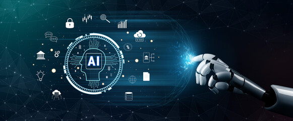 Obraz premium The core of FinTech and modern business is AI. A concept of using artificial intelligence for banking, investment, and data analysis. Motif
