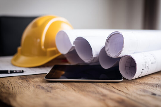 Construction project workspace featuring rolled blueprints, digital tablet and yellow safety helmet, symbolizing modern building planning and engineering workflow.