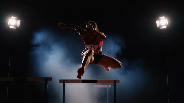 Strong female athlete sprinting and jumping over a hurdle in a dramatic smoky studio with spotlights, capturing power and determination for competitive sports concepts