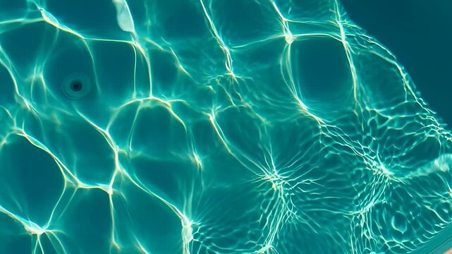 Abstract turquoise blue water caustics rippling in a swimming pool with sunlight refraction, creating a calm liquid texture ideal for summer backgrounds.