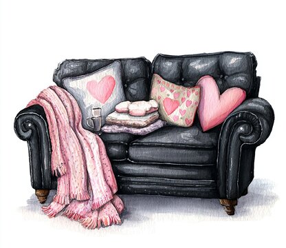 Cozy Couch Corner: An inviting scene unfolds, where a plush, love-filled couch cradles soft pillows and a delicate blanket, all bathed in a warm and nurturing glow.
