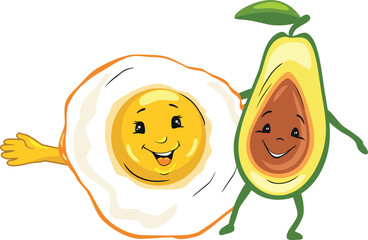 Cartoon smiling fried egg and avocado are best friends