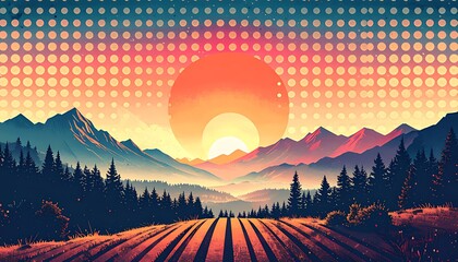 Serene Mountain Landscape with a Vibrant Sunset and Geometric Overlay.
